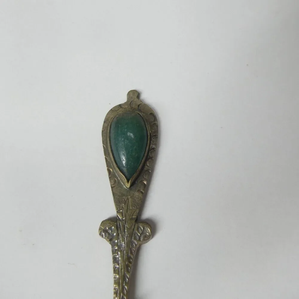 Heart Shaped  Demitasse Coffee Spoon Engraved w/Green Stone Jade? Vintage